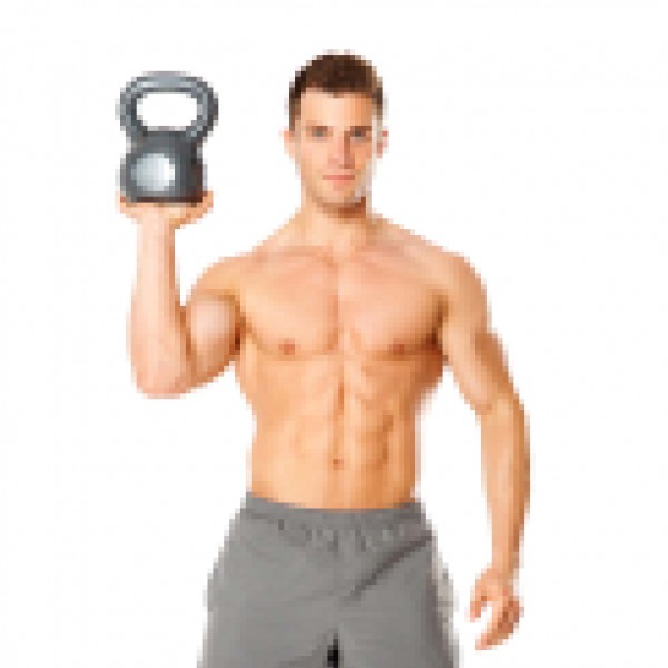 Handsome man working with kettlebell on white background